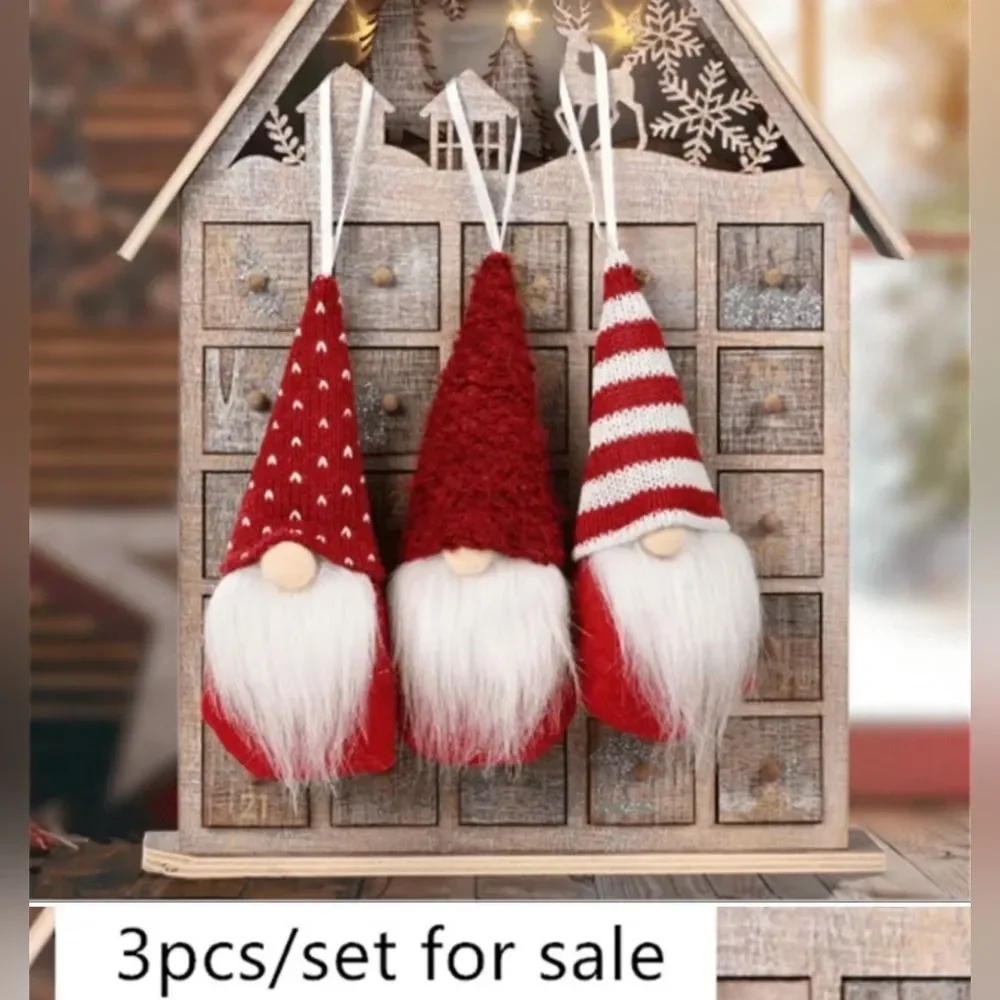NEW Set of 3 Gnome Christmas Ornaments Red and White